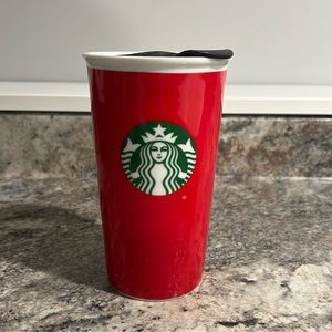 Starbucks Red Ceramic Travel Mug Tumbler Coffee Cup 2017 11 oz.